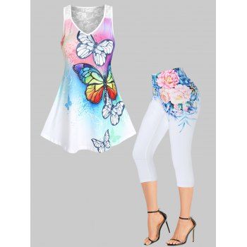 

Butterfly Print Lace Panel Tank Top And Lace Up Print Elastic Waist Capri Jeggings Summer Outfit, Multicolor