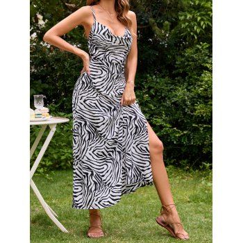 

Vacation Sundress Zebra Print Dress Draped Sleeveless Slit High Waisted A Line Midi Dress, Black