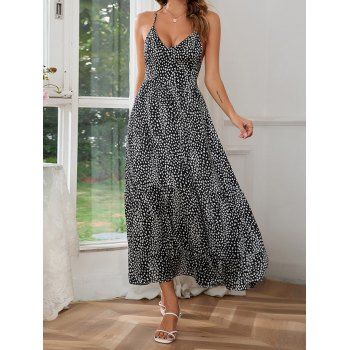 

Printed Sundress Casual Chiffon Dress Crisscross Open Back A Line Midi Vacation Dress, Black