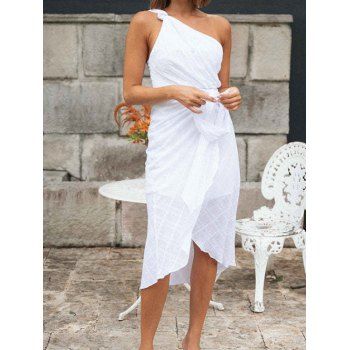 

One Shoulder Dress Solid Color Knotted Layered A Line Midi Summer Casual Fresh Style Dress, White