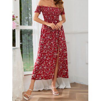 

Vacation Dress Off the Shoulder Allover Ditsy Floral Print Dress Shirred Slit High Waisted A Line Midi Dress, Red