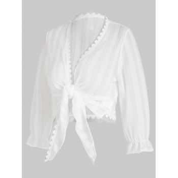 

See Thru Crop Top Knot Front Crochet Floral Mesh Ruffled Insert Poet Sleeve Bolero Cardigan Top, White