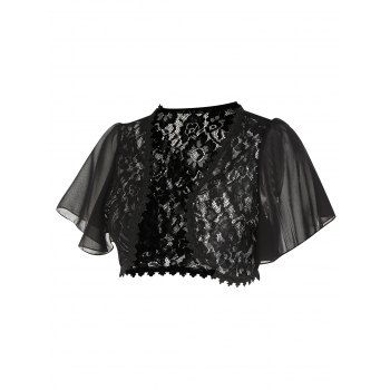 

See Thru Open Front Crochet Flower Lace Crop Top Flutter Sleeve Bolero Shrug Cardigan Top, Black