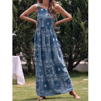 

Bohemian Dress Chiffon Dress Paisley Printed Shirred High Waist Tied A Line Maxi Dress, Deep blue