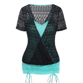 

Colorblock Faux Twinset T Shirt Geometric Pattern Mesh Overlay 2 In 1 T-shirt Cinched Tie Short Sleeve Twofer Tee, Light green