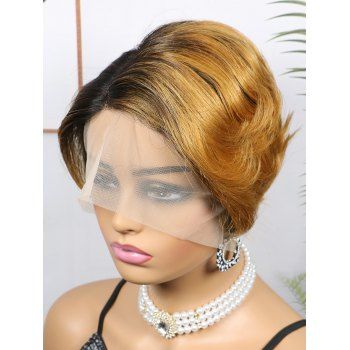 

150% Human Hair Short Ombre Natural Straight Lace Front Wig, Multicolor a