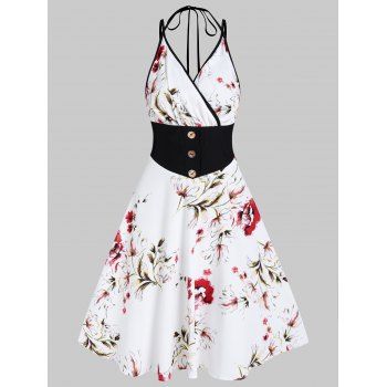 Women Halter Dress Vacation Dress Flower Print Surplice High Waisted Mock Button A Line Mini Casual Dress Clothing L White