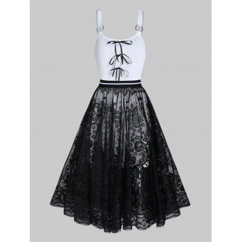 

Two Piece Dress Bowknot Solid Color Dress and Printed Mesh Overlay A Line Midi Skirt Casual Set, White