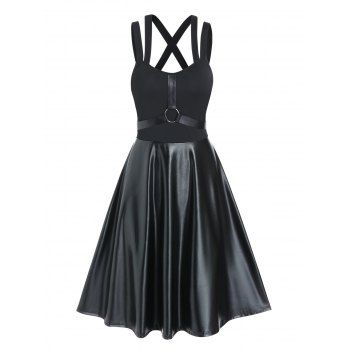 

Gothic Dress Faux Leather A Line Dress Cross Back Dual Straps Combo Dress, Black