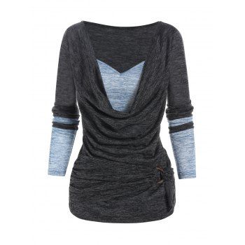 

Colorblock Space Dye Print T Shirt Cowl Collar Long Sleeve D Ring Knot Tee, Dark gray