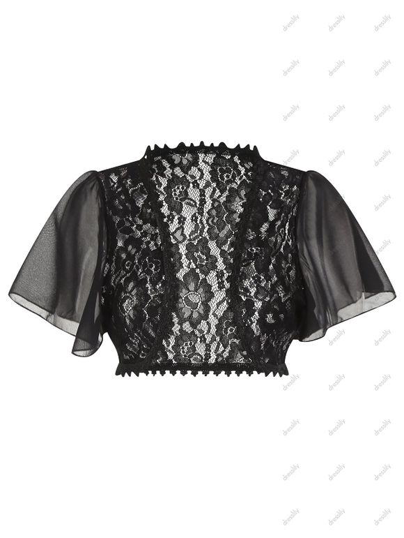 Cardigan Court Fleur en Dentelle Transparente Au Crochet à Manches Bouffantes - Noir M