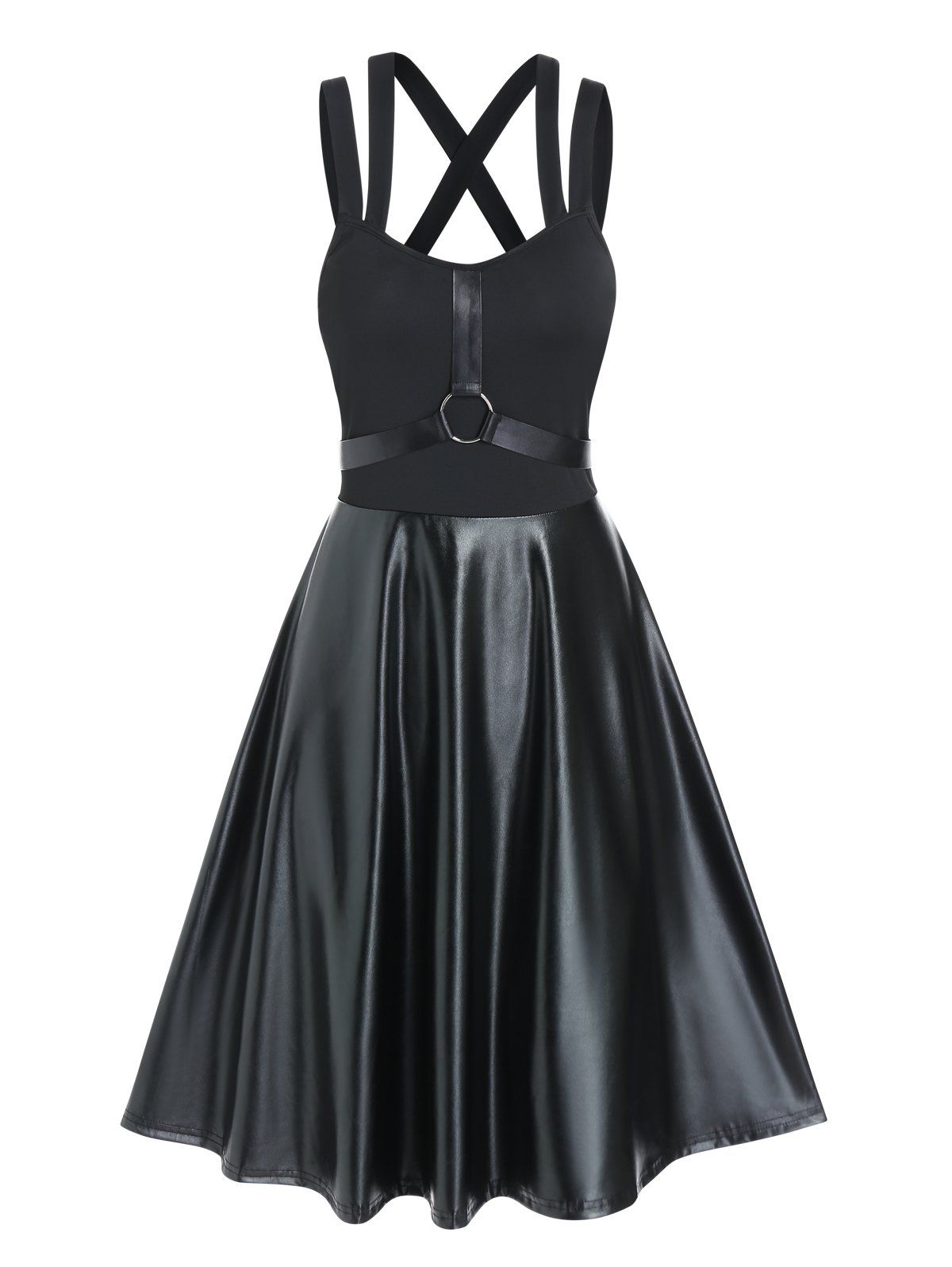Gothic Dress Faux Leather A Line Dress Cross Back Dual Straps Combo Dress - BLACK M