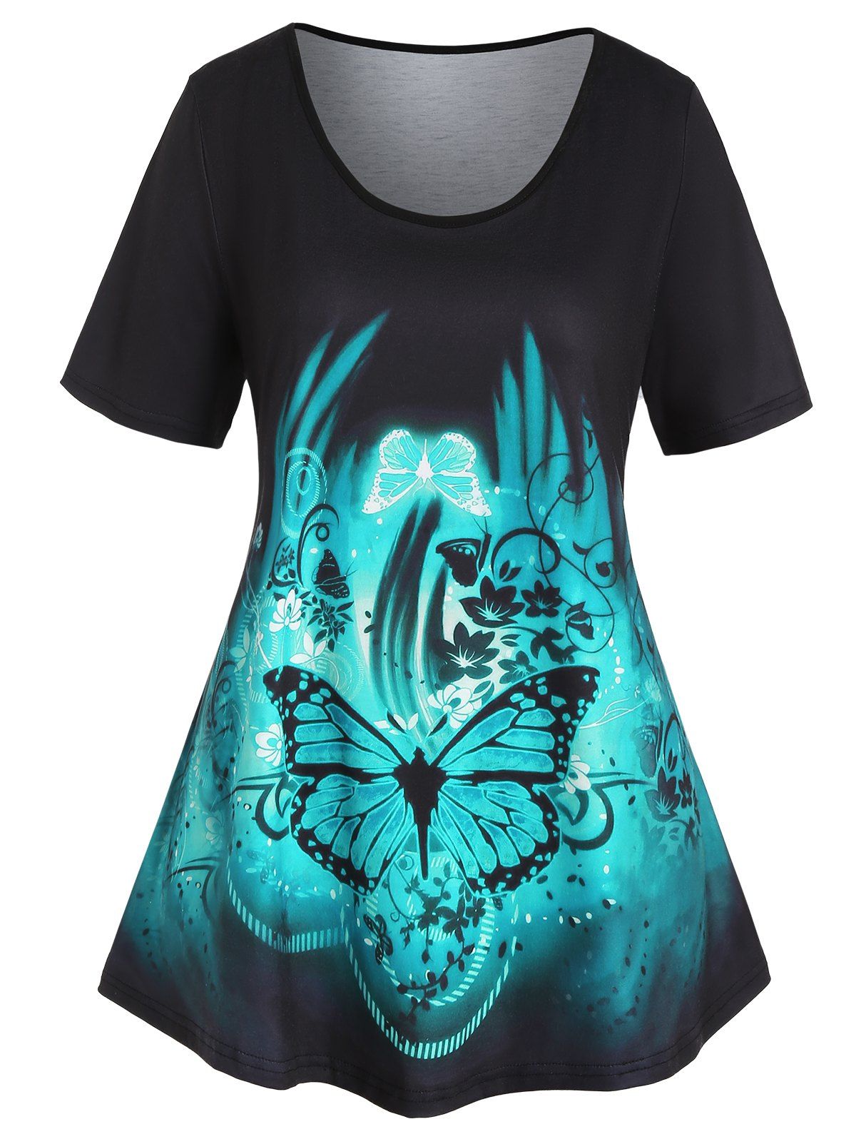 Plus Size T Shirt Dreamy Butterfly Flower Print Curve T-shirt Short Sleeve Scoop Neck Tee - GREEN L