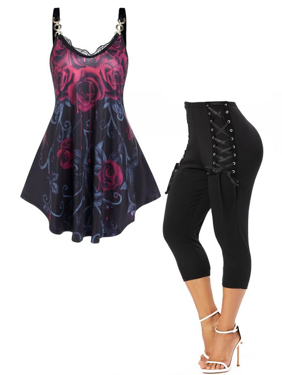 Débardeur D'été Gothique à Imprimé Feuilles et Rose et Legging à Lacets - Noir S