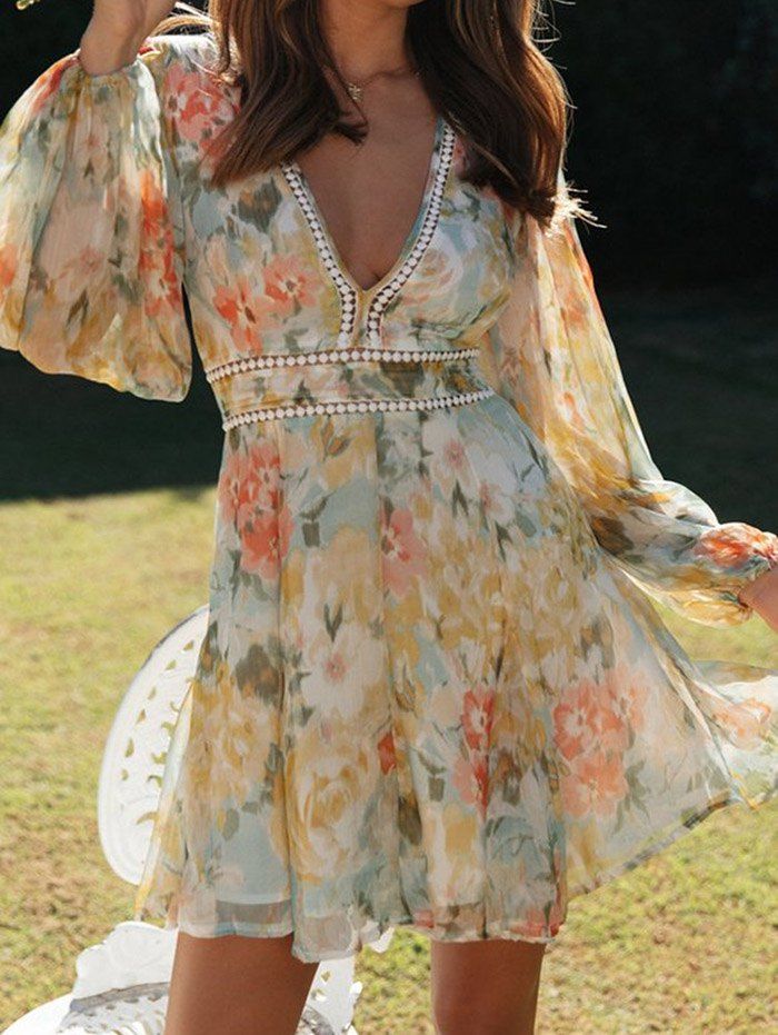 Chiffon Dress Allover Watercolor Flower Dress Long Sleeve Lace A Line Mini Dress - LIGHT YELLOW L