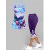 Butterfly Print Strappy Tank Top And Colorblock Ombre Floral Print Cropped Leggings Summer Outfit - multicolor S