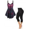 Gothic Leaf Rose Print Lace Panel Tank Top And Grommet Lace Up Cropped Leggings Summer Outfit - BLACK S