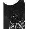2 Pcs Floral Print Hollow Out Lace Panel Tank Top and See Thru Open Front Crochet Crop Top Bohemian Outfit - BLACK M