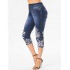 Legging Corsaire D'Eté Moulant à Imprimé Fleur à Taille Elastique en Faux Denim - Noir XXXL