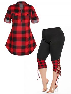 Plus Size & Curve Plaid Print Half Zipper Shirt And Lace Up Capri Leggings Casual Outfit
