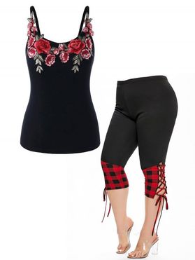 Plus Size & Curve Flower Leaf Embroidery Applique Cami Top And Panel Lace Up Capri Leggings Casual Outfit