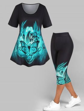 Plus Size Butterfly Flower Print T Shirt And High Waist Capri Leggings Casual Outfit
