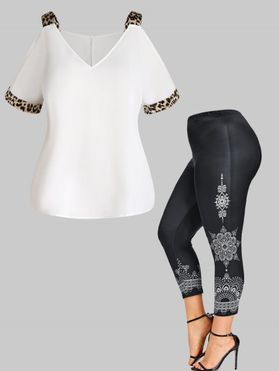 Plus Size Leopard Print Cold Shoulder T Shirt And Flower High Waisted Legging Casual Outfit