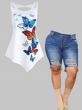 Plus Size Butterfly Floral Lace Insert Tank Top And Ripped Denim Shorts Summer Outfit