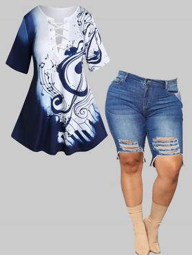 Plus Size Plus Size Lace Up Print Colorblock T-shirt Ripped Frayed Hem Denim Shorts Summer Outfit