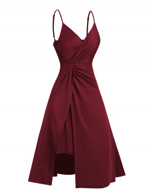 Plain Color A Line Midi Dress Twisted Slit Plunging Spaghetti Strap Summer Dress