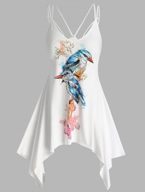 Asymmetrical Cami Sundress Parrot  Print Straps Cut Out Handkerchief Summer Mini Dress