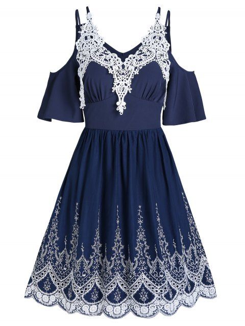 Contrast Crochet Flower Lace Embroidery Scalloped Dress Cold Shoulder Dual Straps V Neck Mini Dress Pleated A Line Dress