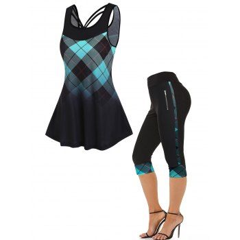 

Plaid Ombre Print Front Straps Tank Top And High Waist Skinny Capri Leggings Summer Outfit, Multicolor