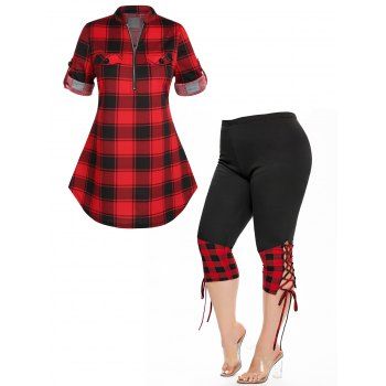 

Plus Size & Curve Plaid Print Half Zipper Shirt And Lace Up Capri Leggings Casual Outfit, Multicolor