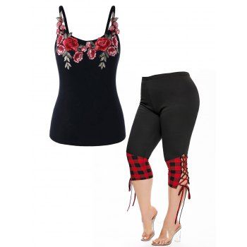 

Plus Size & Curve Flower Leaf Embroidery Applique Cami Top And Panel Lace Up Capri Leggings Casual Outfit, Black