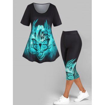 

Plus Size Butterfly Flower Print T Shirt And High Waist Capri Leggings Casual Outfit, Green