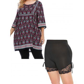 

Plus Size Bohemian Floral Print Half Sleeve Loose Mini Dress And Bowknot Lace Insert Skinny Shorts Summer Outfit, Multicolor