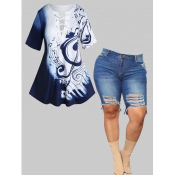 

Plus Size Plus Size Lace Up Print Colorblock T-shirt Ripped Frayed Hem Denim Shorts Summer Outfit, Multicolor