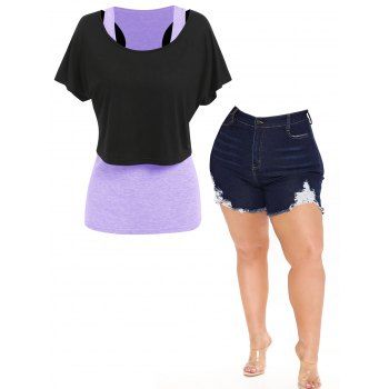 

Plus Size Heathered Tank Top Pure Color Cropped T Shirt And Ripped Denim Shorts Summer Outfit, Multicolor