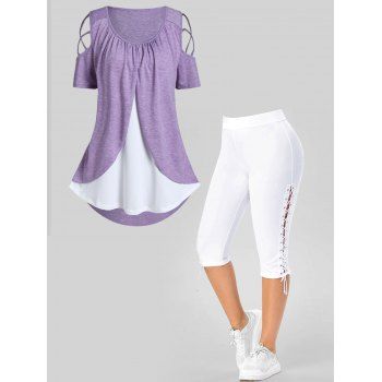 

Plus Size Colorblock Lattice Short Sleeve Asymmetric Twofer T-shirt And Eyelet Lace Up Cropped Leggings Summer Outfit, Multicolor