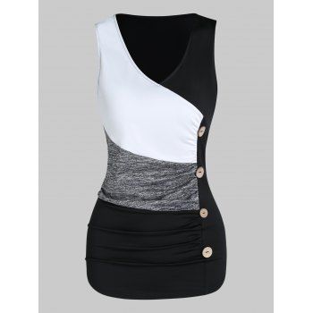 

Contrast Colorblock Tank Top Mock Button Summer Tank Top Ruched V Neck Tank Top, Black