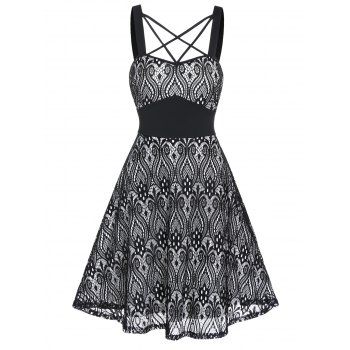 

Ethnic Style Dress Tribal Flower Pattern Lace Dress Crisscross Gothic A Line Dress, Black