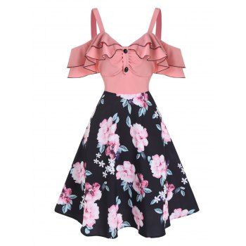 

Flower Print Sundress Cold Shoulder Colorblock Sun Dress Contrasting Trim Ruffles Ruched Bust Mini Dress, Light pink