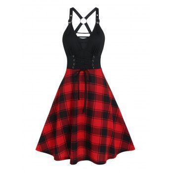 

Plaid Print A Line Dress Lace Up Corset Style Mini Dress Ladder O Ring Plunge Dress, Red