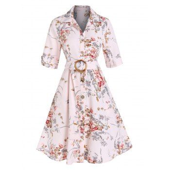 

Vacation Shirt Dress Leaf Floral Print Dress Belted Turn Down Collar Half Sleeve A Line Mini Button-up Casual Dress, Light pink