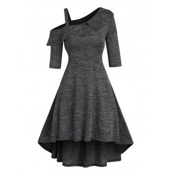 

Cold Shoulder Skew Neck Dress High Low Dress Flounce Lace Up Casual Dress, Dark gray