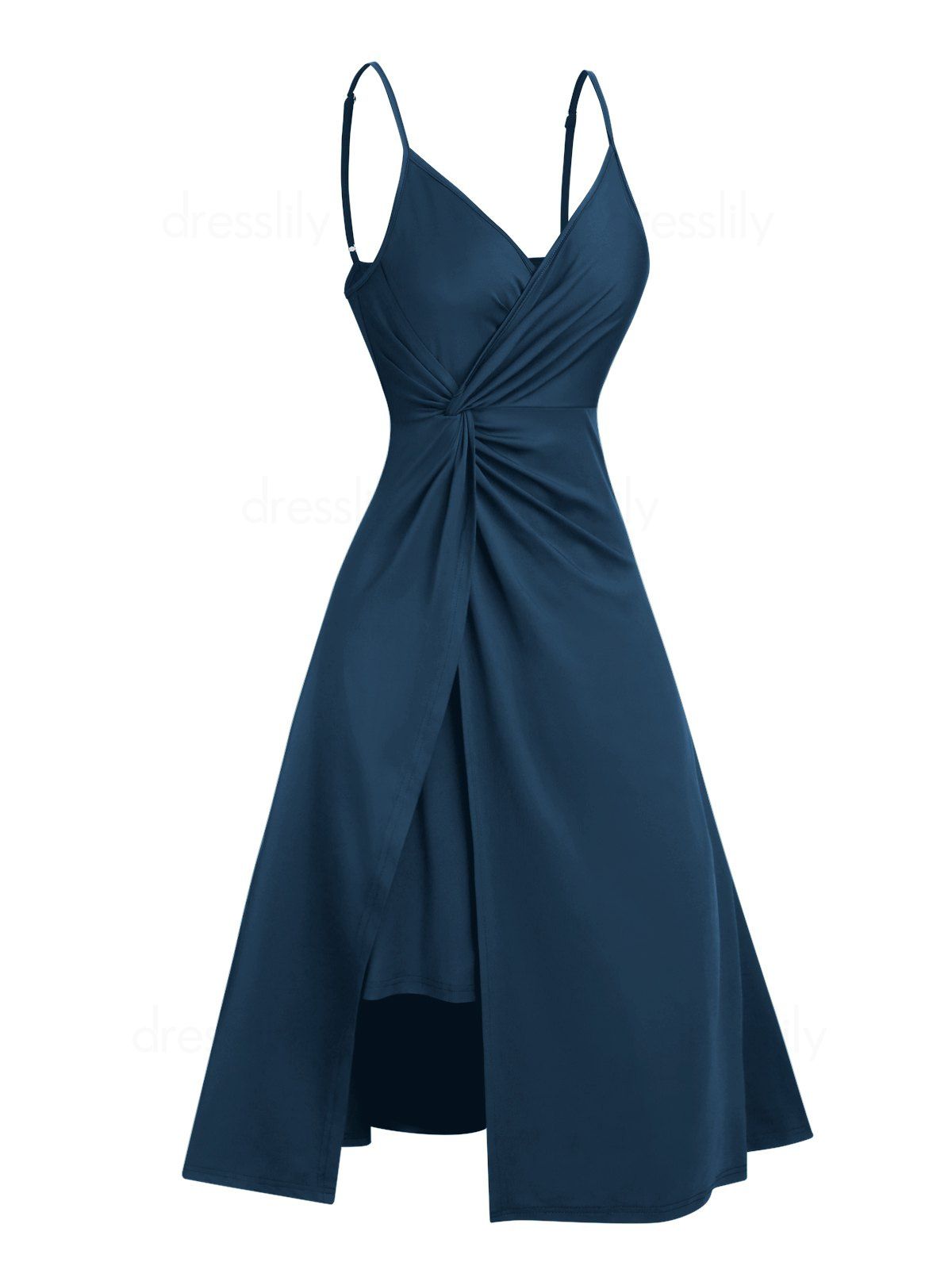Plain Color A Line Midi Dress Twisted Slit Plunging Spaghetti Strap Summer Dress - DEEP BLUE M