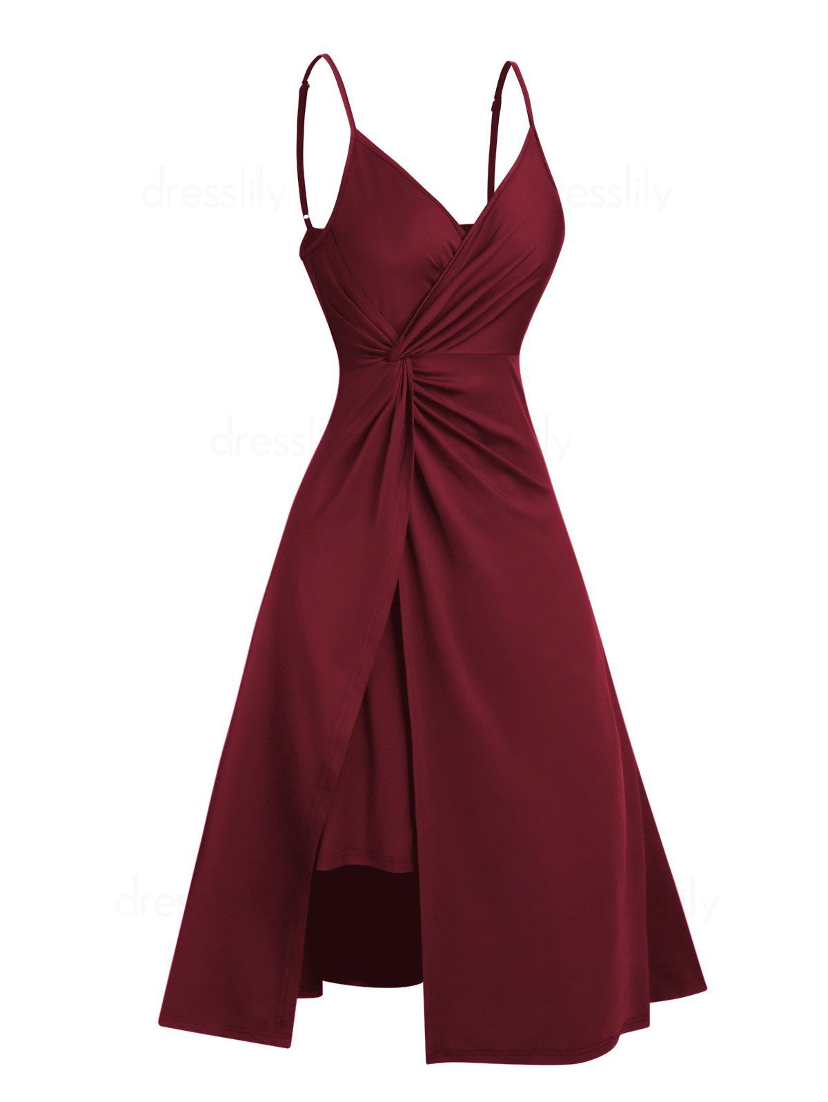 Plain Color A Line Midi Dress Twisted Slit Plunging Spaghetti Strap Summer Dress - DEEP RED XXL