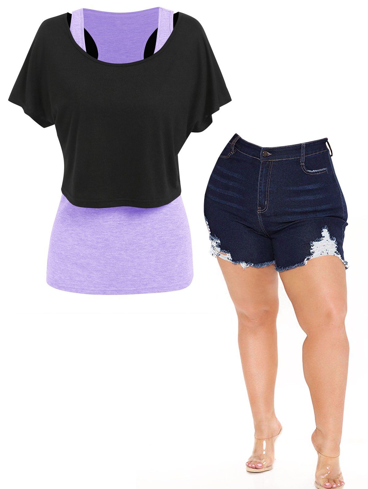 Plus Size Heathered Tank Top Pure Color Cropped T Shirt And Ripped Denim Shorts Summer Outfit - multicolor L