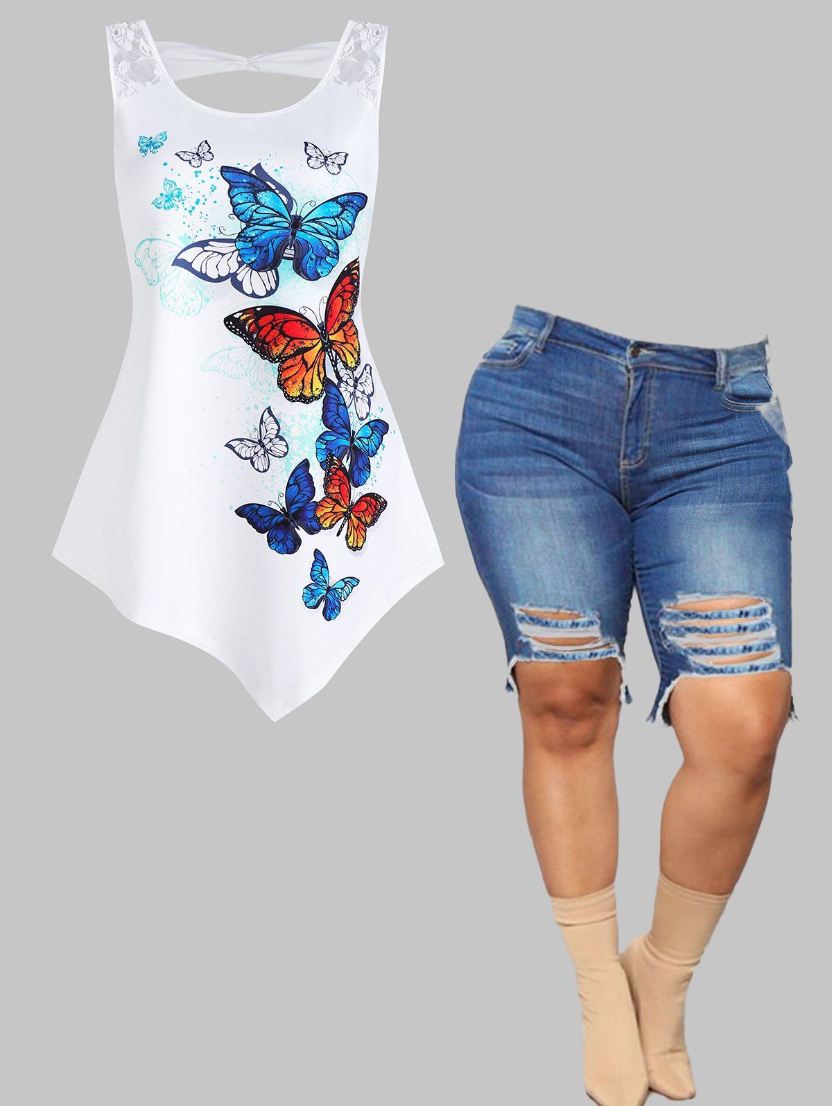 Plus Size Butterfly Floral Lace Insert Tank Top And Ripped Denim Shorts Summer Outfit - multicolor L